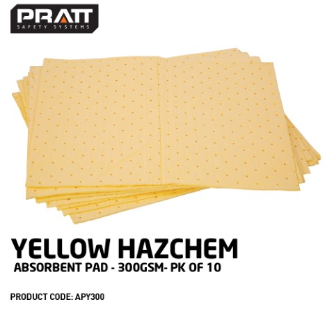 PRATT YELLOW HAZCHEM ABSORBENT PAD 300GSM PK OF 10